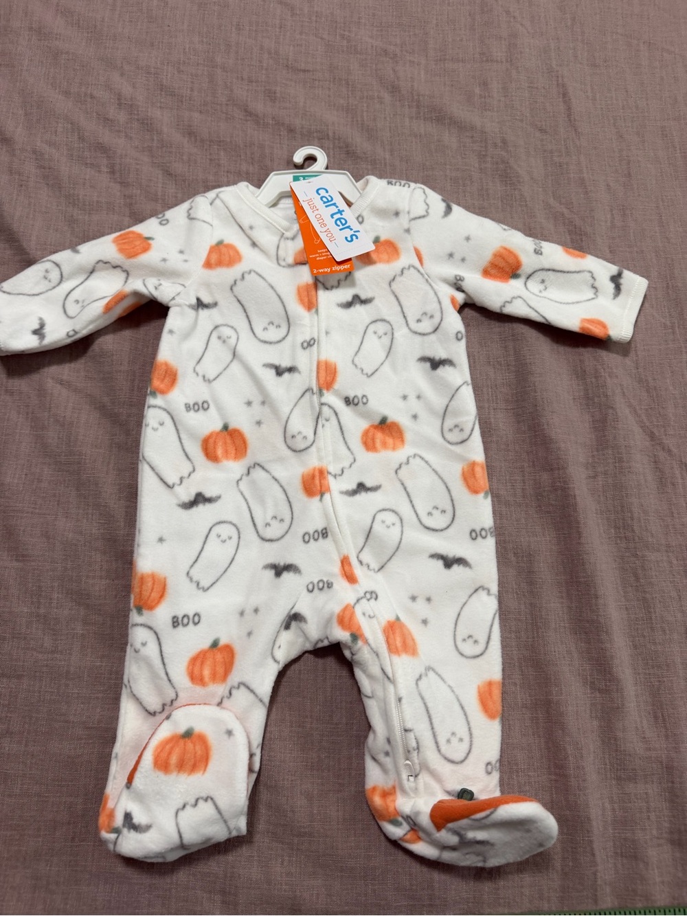 NWT Halloween Carters Plush Footie Pajama One Piece Pumpkin Ghost Bat 3 Months - Picture 2 of 6